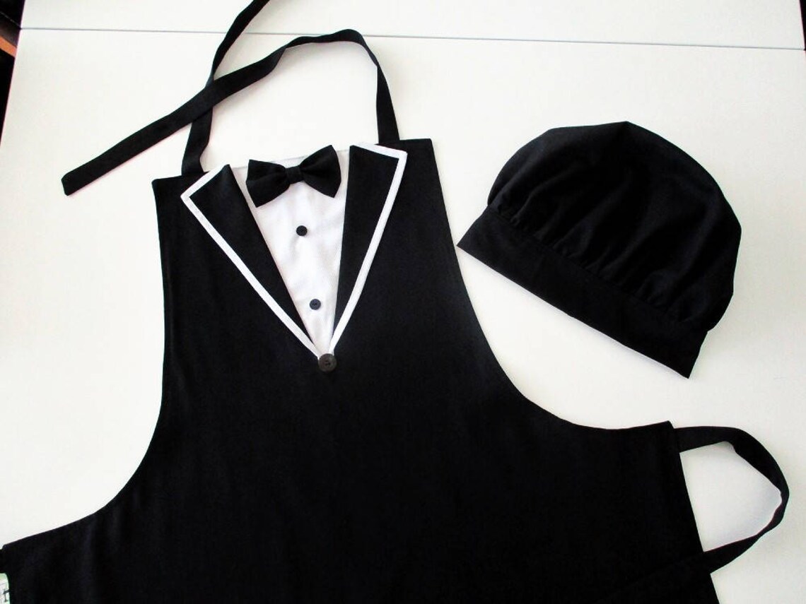 Tuxedo Apron for Men, Waterproof Kitchen Apron and Chef Hat Set, Black