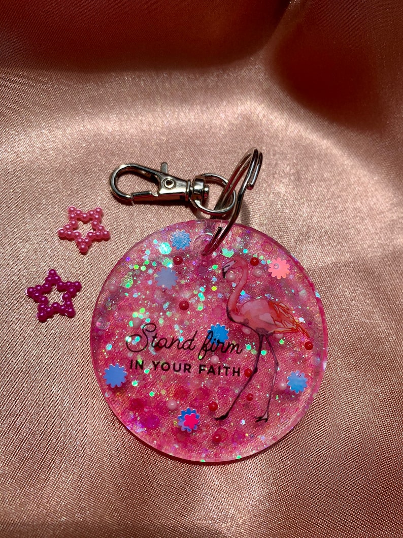 Flamingo Keychain Religious Keychain faith based Keychain Stand Firm in Your Faith Keychain