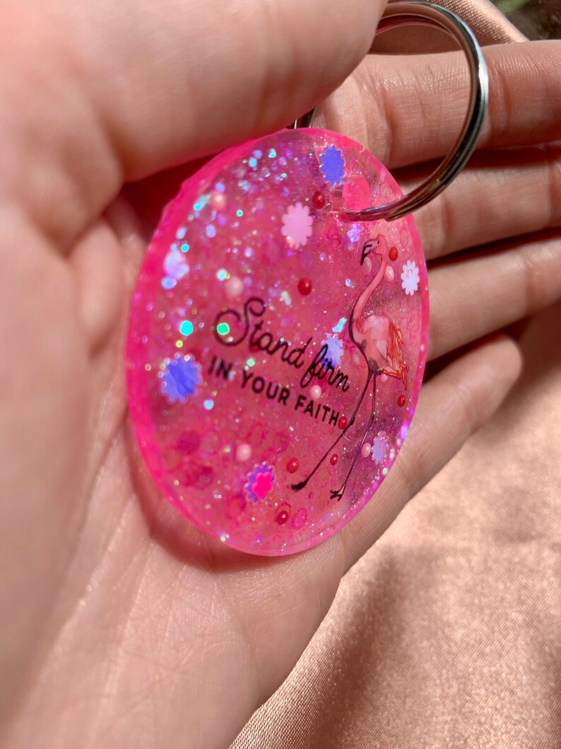 Flamingo Keychain Religious Keychain faith based Keychain Stand Firm in Your Faith Keychain