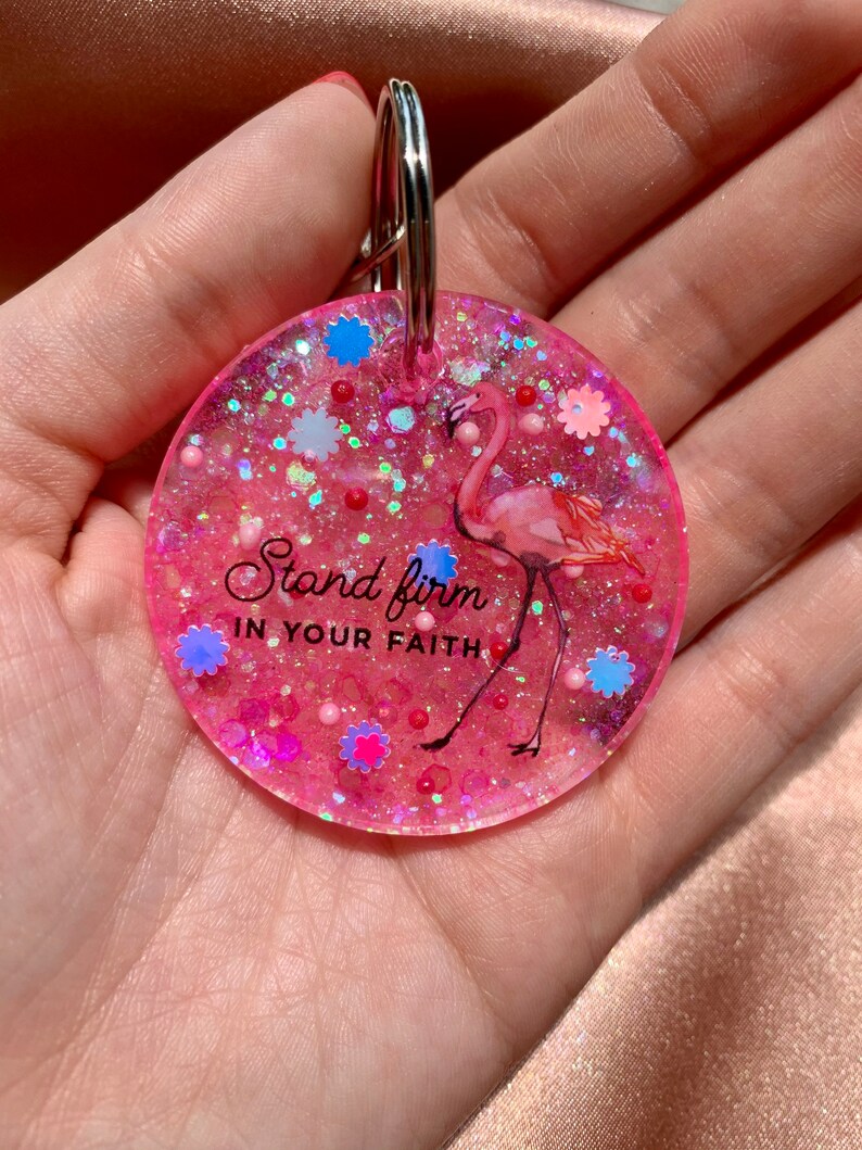 Flamingo Keychain Religious Keychain faith based Keychain Stand Firm in Your Faith Keychain