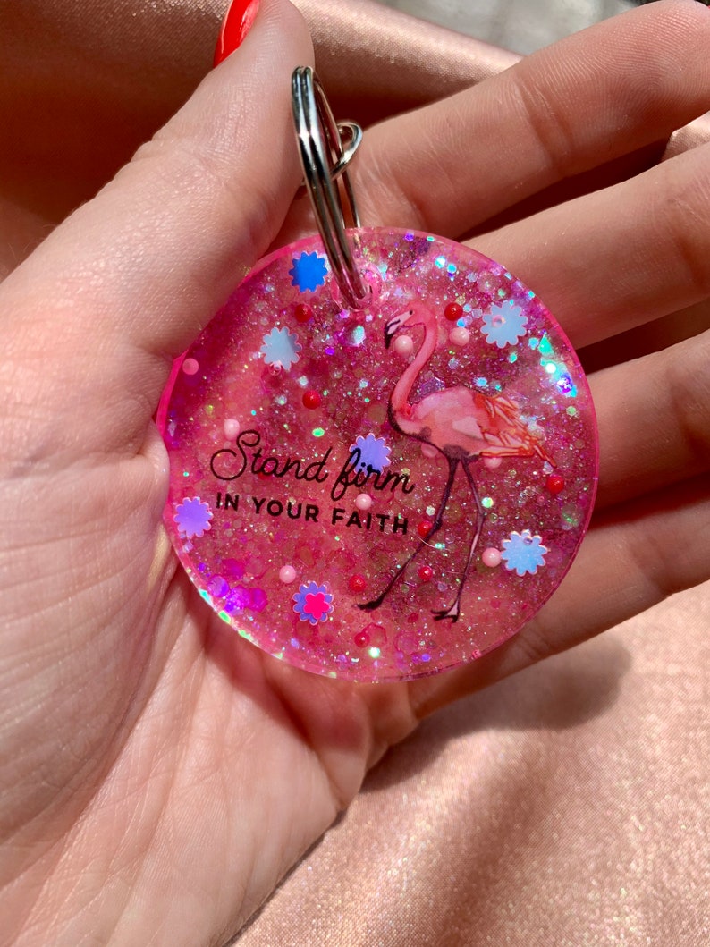 Flamingo Keychain Religious Keychain faith based Keychain Stand Firm in Your Faith Keychain