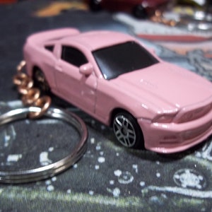 custom made repaint keychain,2015 ford mustang gt coupe,gloss pale pink w/chrome mags/hand made chain-jump rings-mint
