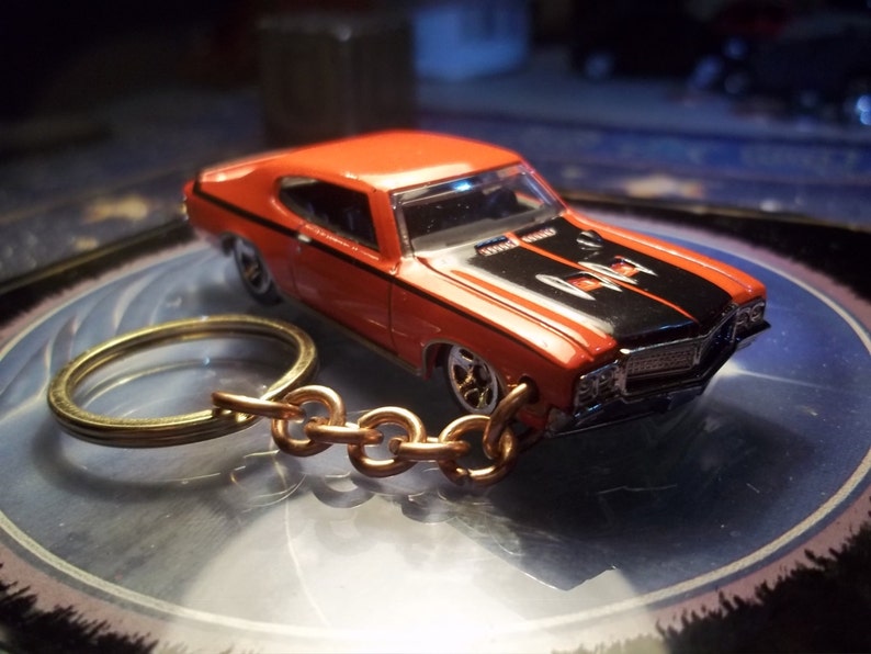 custom made stock keychain,1970 buick gsx coupe,gloss red wblack racing stripes-chrome grill-bumpers-mags-hand made chain-jump rings-mint