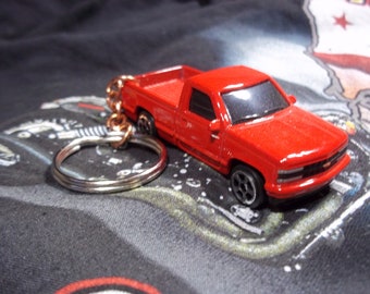 custom made keychain,1993 chevy 454 std cab pick up truck,gloss red w/chrome mags-hand made chain-jumprings-repaint mint