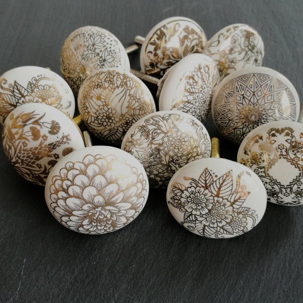 Gilded Gold Ceramic Cabinet Knobs | Intricate Floral Gold Designs