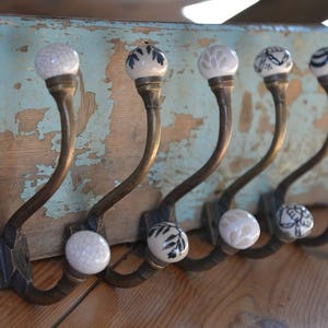 Antique Bronze & Ceramic Knob Coat Hooks | Vintage Bronze Metal Hooks with Black, White, Cream Porcelain Balls