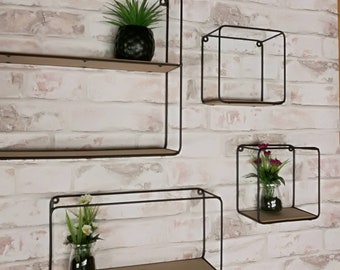 Set of 4 Industrial Metal & Wood Box Shelves | Floating Wall Mounted Shelving Units