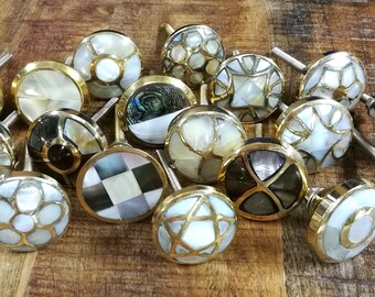 Gold & Ivory Geometric Cupboard Handle | Brass and Mother of Pearl Cabinet Door Knob, Drawer Pull