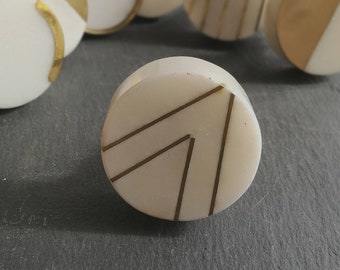 Geometric Marble and Brass Cupboard Door Handle | Circular White Marble and Gold Brass V Drawer Pull