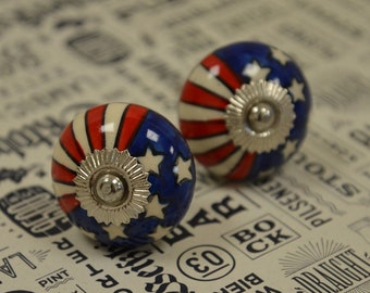 Stars and Stripes Ceramic Cupboard Door Knob | Red, White & Blue US Flag Drawer Pull