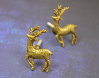 Bouton d'armoire cerf en fer doré fabriqué à la main | Poignée de porte d'armoire décorative en métal et laiton