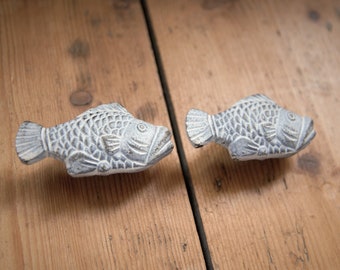 Handcrafted Fish Shaped Iron Antique Look White Shabby Chic Cabinet Knob | Decorative Metal Cupboard Door Knob Drawer Pull