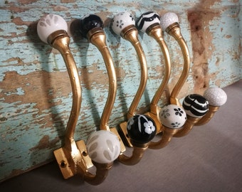 Gold Painted Iron & Ceramic Knob Coat Hooks | Iron Metal Hooks with Black, White, Cream Porcelain Balls