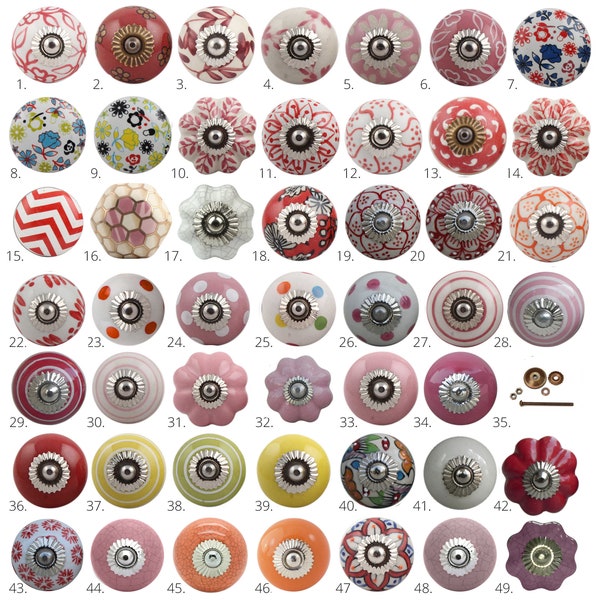 Vintage Ceramic Knobs, Ornamental Door Knobs Various Red & Orange Designs, Kitchen Cabinet Handles, Cupboard or Drawer Pulls