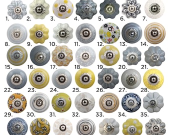 Yellow & Grey Classic Ceramic Cabinet Door Knobs | Ornamental Knobs | Kitchen Cabinet Handles, Cupboard or Drawer Pulls