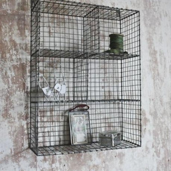 Industrial Steel Wire Mesh Shelving Unit | Locker Room Wall Storage Rack | Rustic Metal Box Shelves