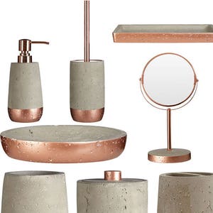 Copper and Concrete Distressed Bathroom Accessories Copper Mirror, Concrete Tumbler, Soap Dispenser, Dish image 2