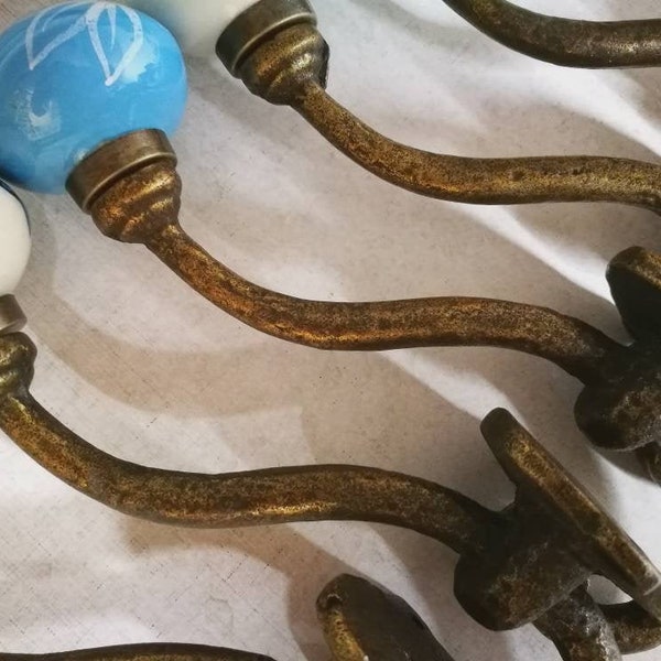 Vintage Style Antique Bronze Metal Coat Hooks with Blue Ceramic Knobs