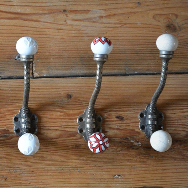 Shabby Chic Red, White, Cream Ceramic Ball & Forged Iron Coat Hooks | Metal Jewellery Hangers