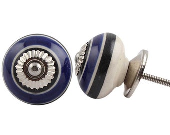 Round White Cabinet Knob With Hand Painted Black and Blue Striped Decoration | Drawer Pull | Drawer Handle | Cabinet Knob