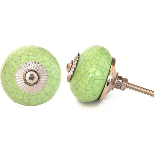 Round Lime Green Cabinet Knob With Crackle / Cracked Glaze | Drawer Pull | Drawer Handle | Cabinet Knob