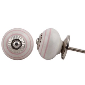 Round White Cabinet Knob With Light Pink Symmetrical Lines | Drawer Pull | Drawer Handle | Cabinet Knob