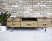 Retro Style Low Silhouette Storage Cabinet Wooden TV Stand Metal Construction Metal Legs Media Console 5 Storage Drawers
