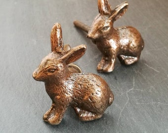 Adorable SET of 2 Bunny Rabbits Farm animals Bunnies Rabbit Cabinet Drawer Bifold Closet Door Knob Pull Handle Vintage Gold and Bronze