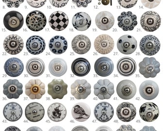 Vintage Ceramic Knobs, Ornamental Door Knobs with Various Black, White & Grey Designs, Kitchen Cabinet Handle, Cupboard or Drawer Pulls