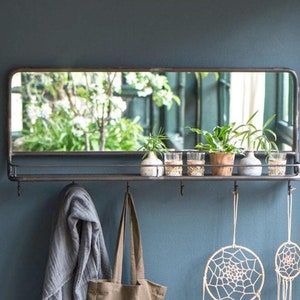 Industrial Steel Pipe Metal Mirror With Wall Hooks and Shelf image 1