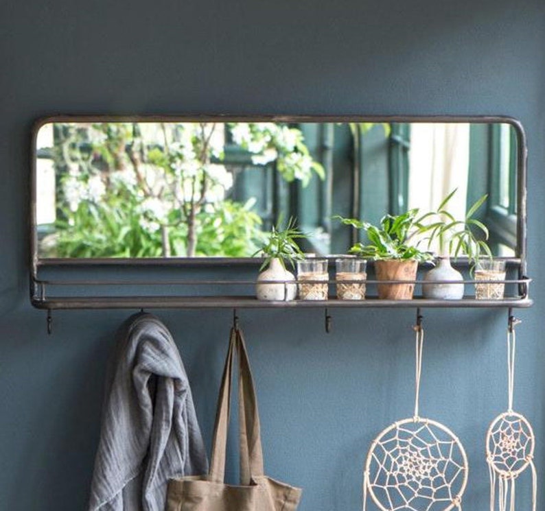 Industrial Steel Pipe Metal Mirror With Wall Hooks and Shelf image 1