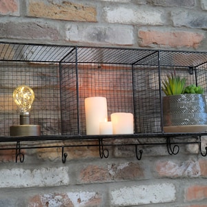 Industrial Steel Wire Locker Room Wall Shelving Unit with Hooks | Rustic Metal Mesh Kitchen Storage Shelves