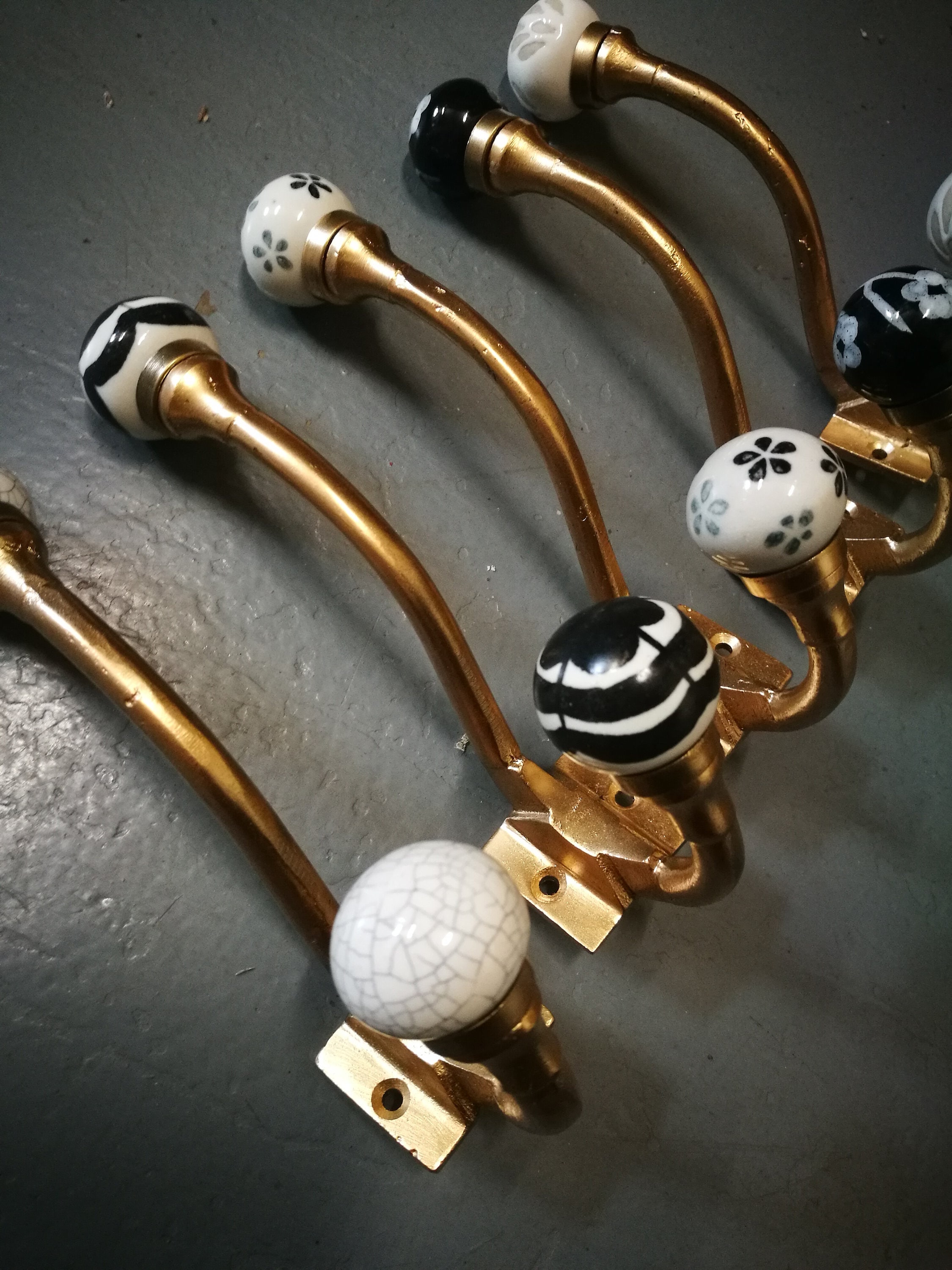 Gold Painted Iron & Ceramic Knob Coat Hooks Iron Metal Hooks With Black,  White, Cream Porcelain Balls 