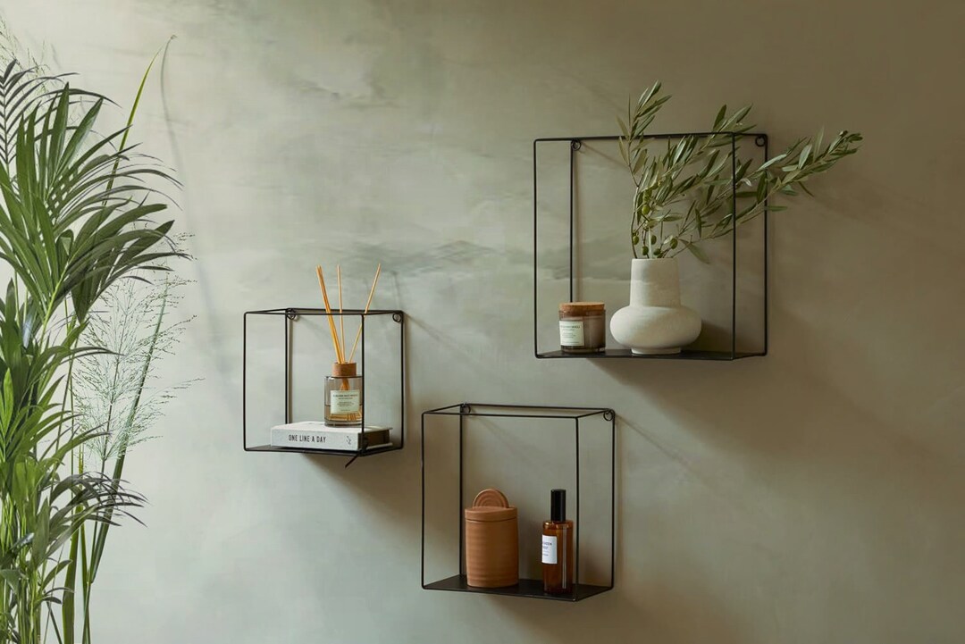 Set of 3 Industrial Metal Box Shelves Square Black Metal Wall Display