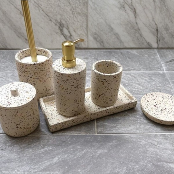 Concrete Terrazzo Bathroom Accessories | Colourful Terrazzo  Concrete Toilet Brush, Soap Dispenser, Tumbler, Dish