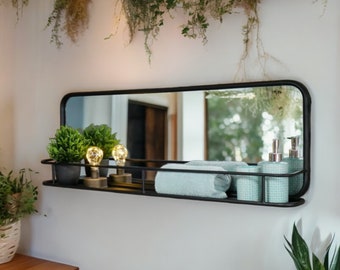 Industrial Black Mirror With Shelf | Wall Mounted Metal Landscape Mirror