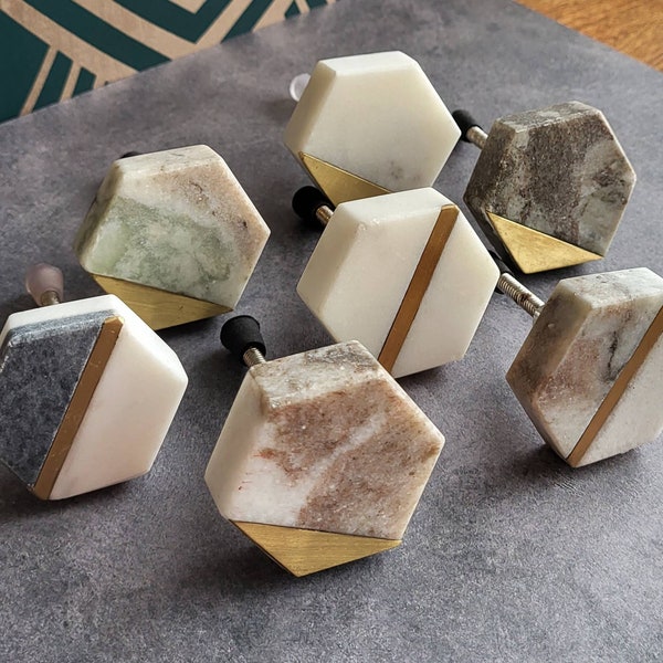 Geometric Stone Cabinet Knob | Marbled Stone and Brass Hexagonal Cupboard Door Handle, Drawer Pull