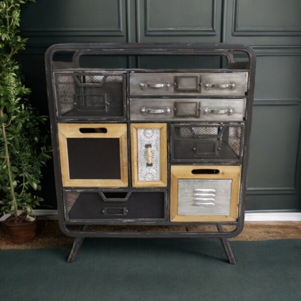 Small Metal/Wood Industrial Cabinet | 8 Drawers | Side Cupboard | Distressed Multi-Tone Finish