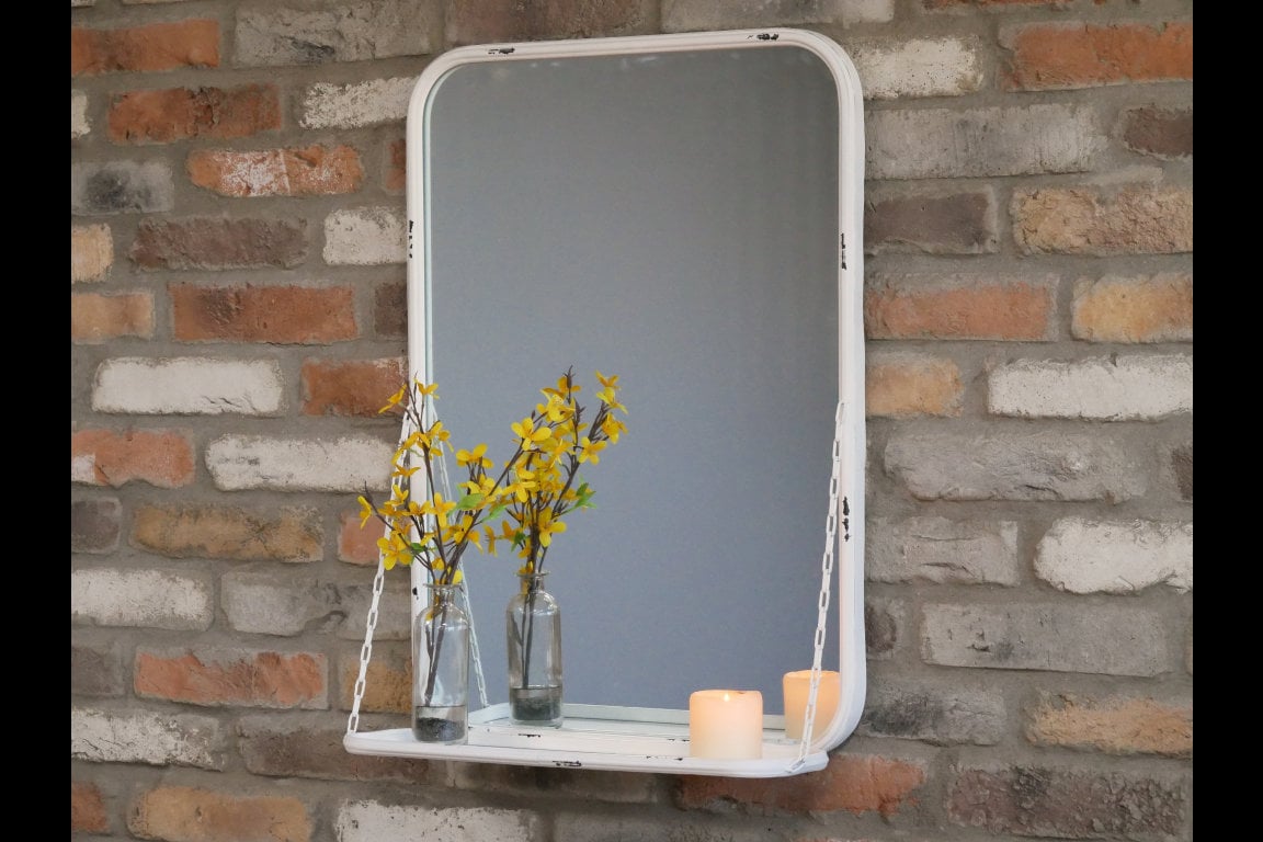 Shabby Chic Industrial Metal Wall Mirror avec Étagère Flottante | Miroir de Portrait en Métal Peint 