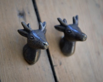 Iron Deer Stag Head Cupboard Door Handle | Antique Bronze Metal Animal Head Drawer Pull