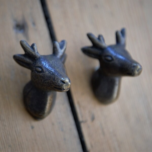 Iron Deer Stag Head Cupboard Door Handle | Antique Bronze Metal Animal Head Drawer Pull