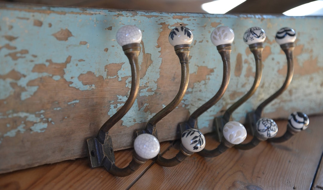 Antique Bronze & Ceramic Knob Coat Hooks Vintage Bronze Metal Hooks With Black, White, Cream