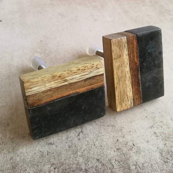 Marbled Black Resin & Mango Wood Cabinet Door Knob | Cotemporary Rectangular Cupboard Door Handle, Drawer Pull