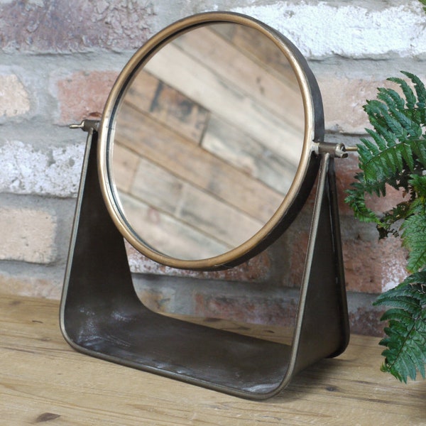 Antiqued Brass Coloured Cheval Round Mirror | Tabletop Mirror | Distressed Bronze Finish