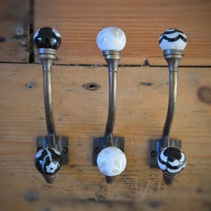 Antique Bronze & Ceramic Knob Coat Hooks Vintage Bronze Metal Hooks with Black, White, Cream Porcelain Balls image 3