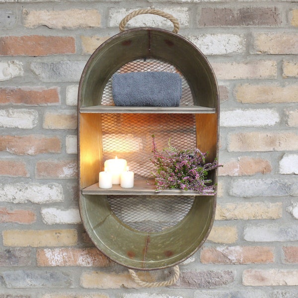 Rustic Industrial Tub Shelf-Unit with a Mesh Back | Rope Handles | 2 Shelves | Re-purposed Tub | Distressed Galvanised Finish