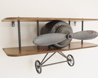 Biplane Floating Shelf | Industrial Airplane-Shaped Display Shelf | Rustic Style | Metal and Wood | Wall-Mounted