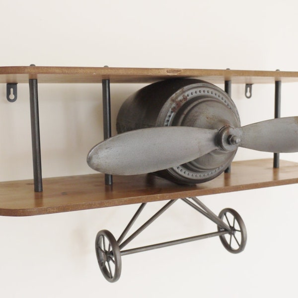 Biplane Floating Shelf | Industrial Airplane-Shaped Display Shelf | Rustic Style | Metal and Wood | Wall-Mounted