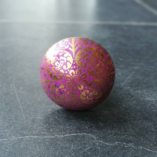 Vibrant Pink Heart Petal Brass Knob | Etched Filigree Metal Drawer Pull