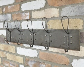 Industrial Steel Coat Rack | Rustic Metal Clothes Hooks | 5 Hook Hat Rack Wall Hanger